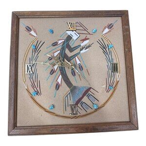 Vintage Yei Kachina Dancer Southwestern Sand Painting Wall Clock Turquoise 13"